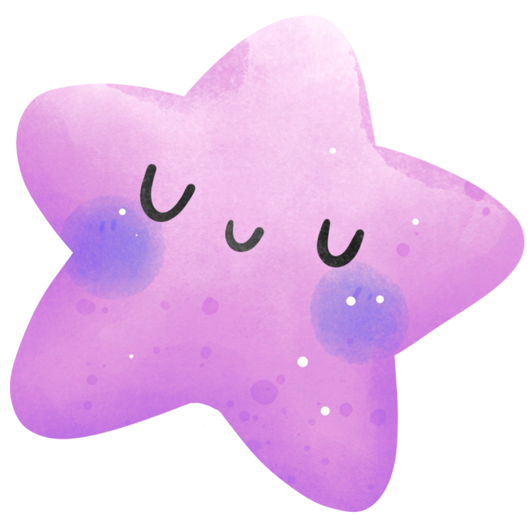 A cute, watercolor-style pink and purple star character with closed smiling eyes, small blue cheeks, and tiny white speckles on a plain white background.